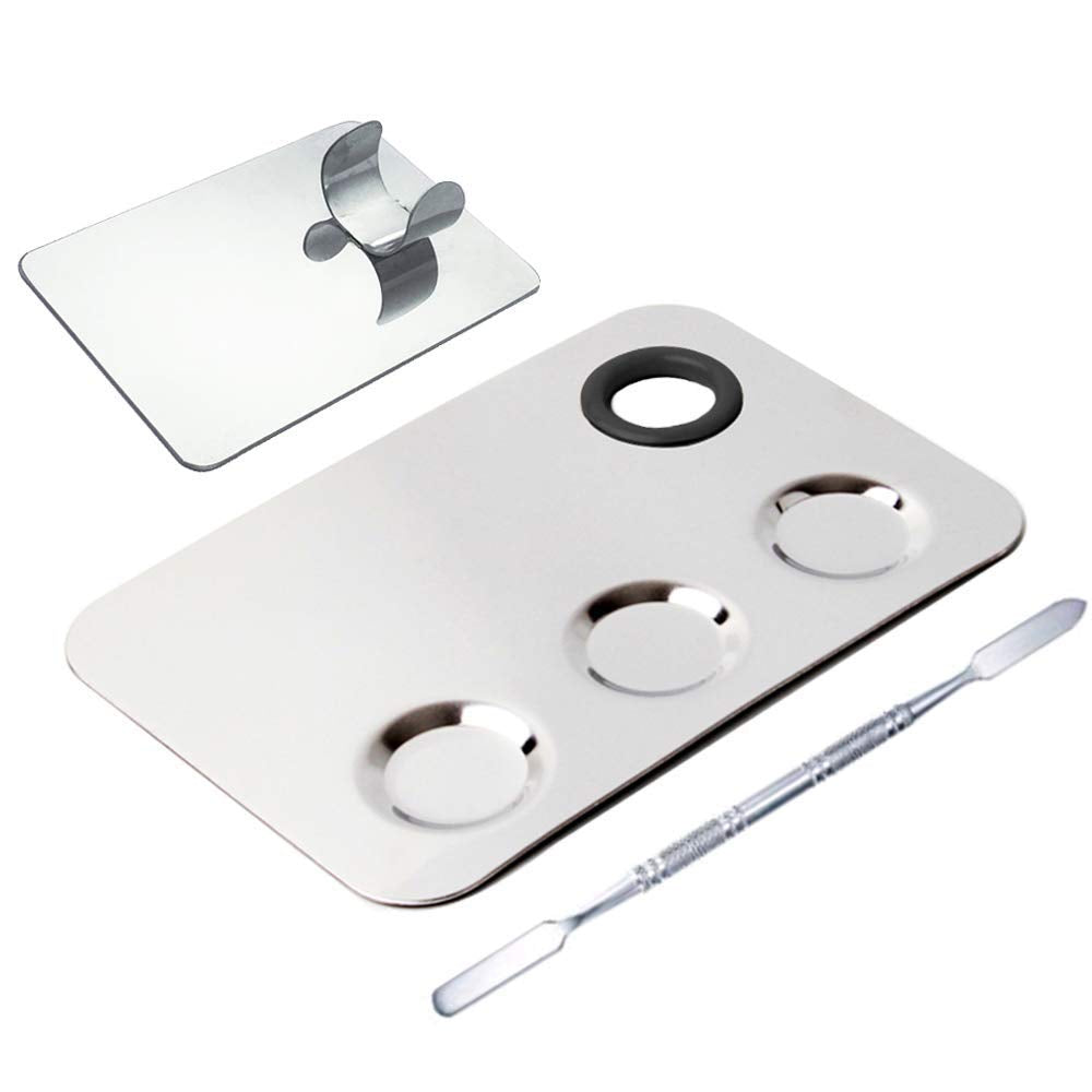 Cosmetic Palette with Mini Ring Palette and Spatula Set Tool 3-Wells Stainless Steel Mixing Makeup Palette Women Cosmetic Palette for Makeup Nail Art Accessories Pack of 3