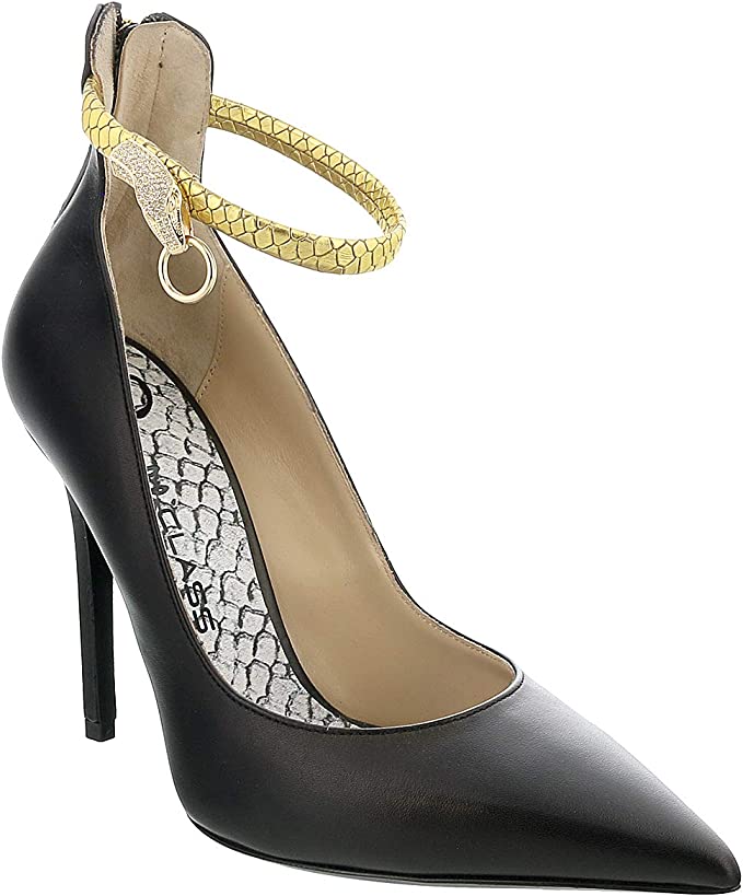ROBERTO CAVALLI Class Black/Gold Leather Ankle Strap High Heel Pump-7.5/8