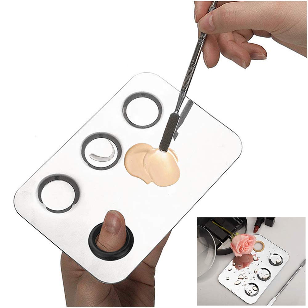 Cosmetic Palette with Mini Ring Palette and Spatula Set Tool 3-Wells Stainless Steel Mixing Makeup Palette Women Cosmetic Palette for Makeup Nail Art Accessories Pack of 3