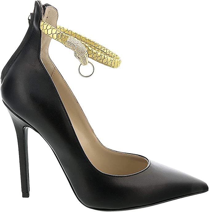 ROBERTO CAVALLI Class Black/Gold Leather Ankle Strap High Heel Pump-7.5/8