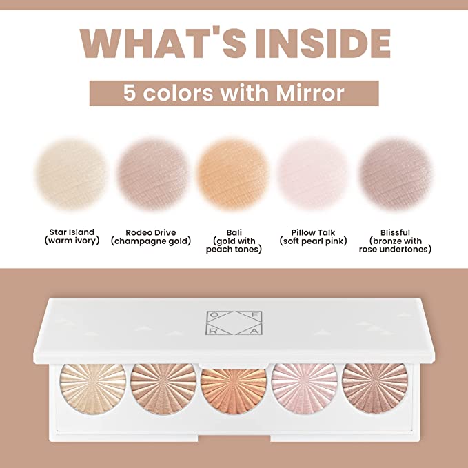 Ofra Cosmetics Ofraglow Signature Palette - 5 Color Highlighter Palette with Mirror for Face, Cheeks, Eyes - Illuminating Makeup Highlight with Warm Ivory, Champagne, Gold, Pearl Pink & Bronze Shades