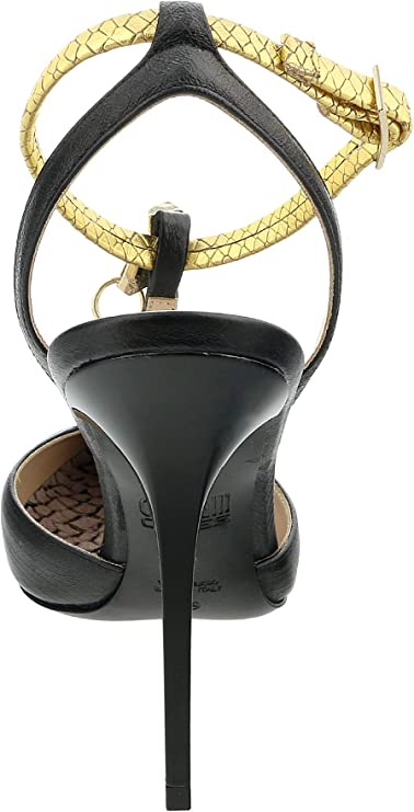 ROBERTO CAVALLI Class Black/Gold Leather T-Strap High Heel Pump-6.5/7