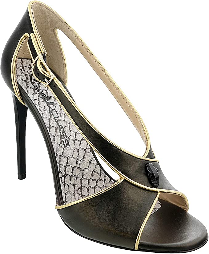 ROBERTO CAVALLI Class Black/Gold Criss Cross High Heel Sandal-6.5/7