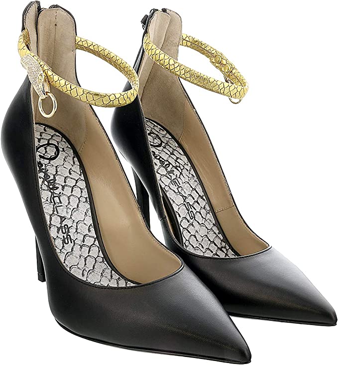 ROBERTO CAVALLI Class Black/Gold Leather Ankle Strap High Heel Pump-7.5/8