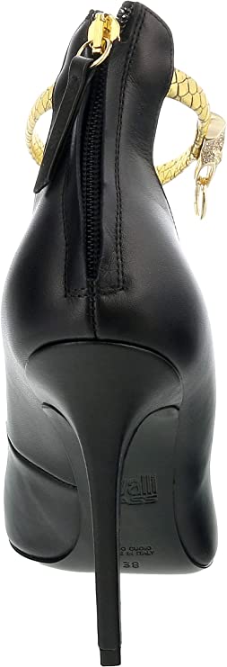 ROBERTO CAVALLI Class Black/Gold Leather Ankle Strap High Heel Pump-7.5/8