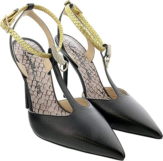 ROBERTO CAVALLI Class Black/Gold Leather T-Strap High Heel Pump-6.5/7