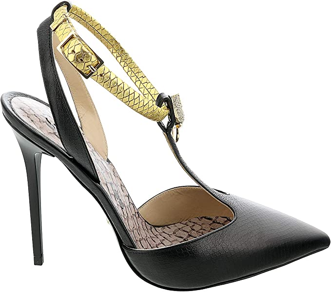ROBERTO CAVALLI Class Black/Gold Leather T-Strap High Heel Pump-6.5/7