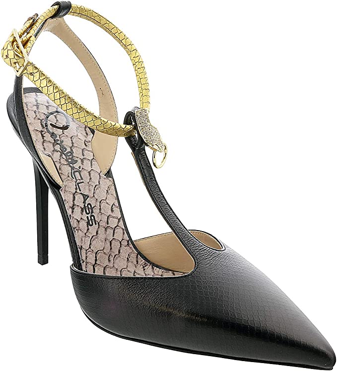 ROBERTO CAVALLI Class Black/Gold Leather T-Strap High Heel Pump-6.5/7