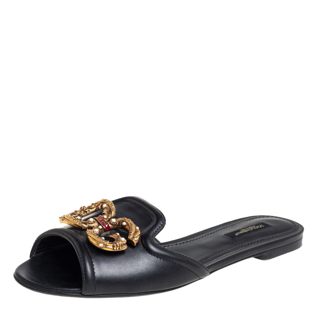 DOLCE & GABBANA Dolce & Gabbana Black Leather DG Amore Logo Embellished Flat Slides